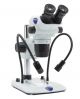 SZO-5,  Binocular stereozoom microscope, 6.7x...45x pillar stand, transmitted & incident ( 2 arms ) light, multiplug